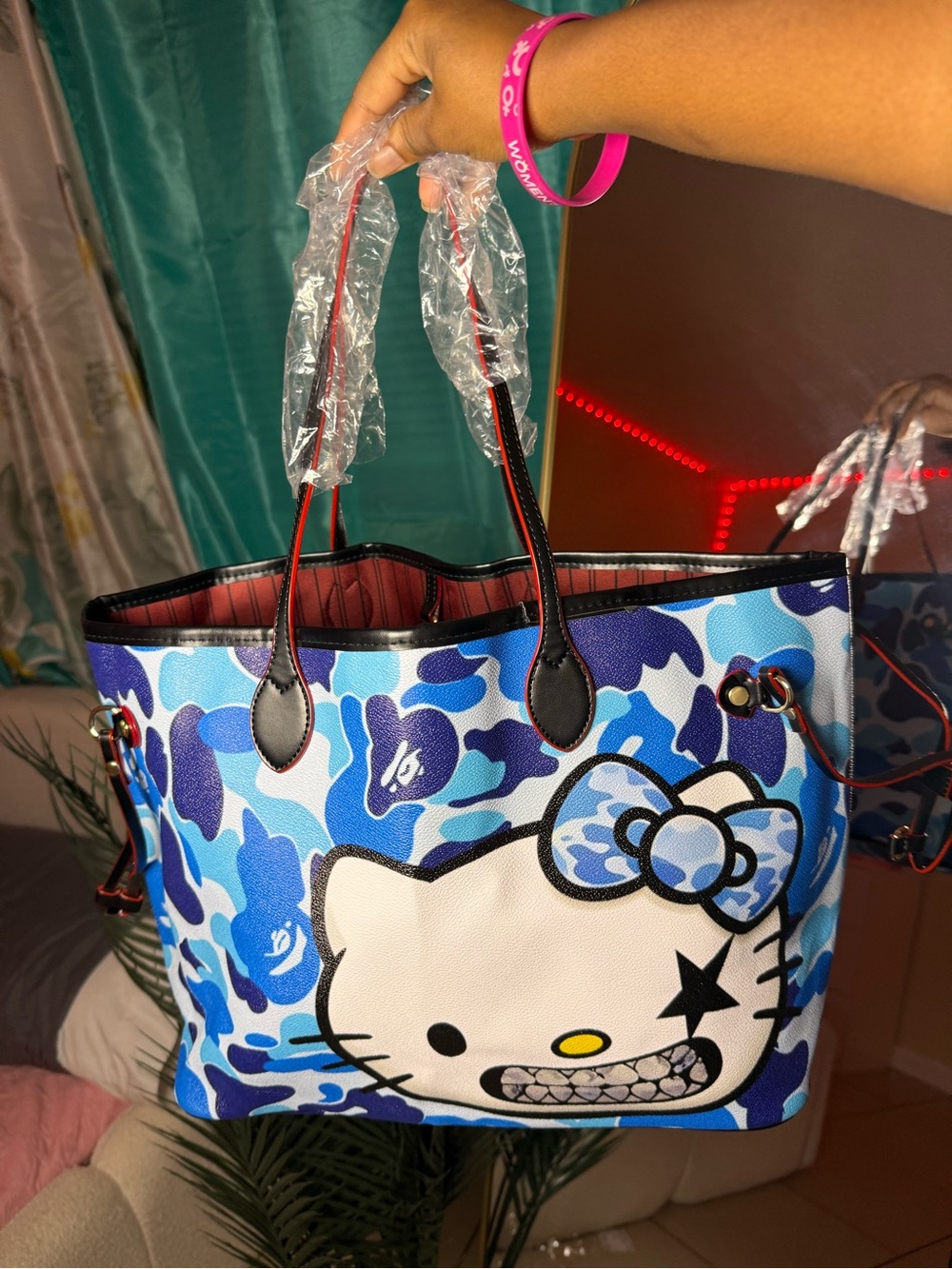 Blue Camo Hello Kitty Graphic Tote Bag with Black Handles